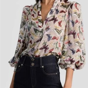 NWOT Women's Alice & Olivia Silk Butterfly Print Blouse Sheer Work Size Large